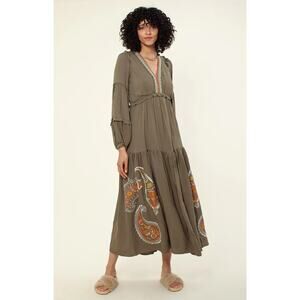 Hale Bob Cottagecore Josephine Embroidered Maxi Dress Green Size Medium NEW!